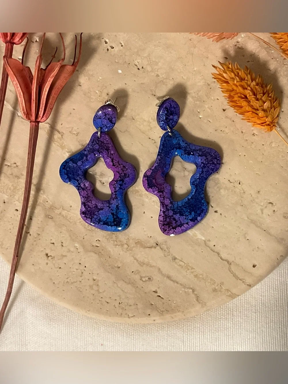 Handmade Blue Purple Resin Statement Earrings